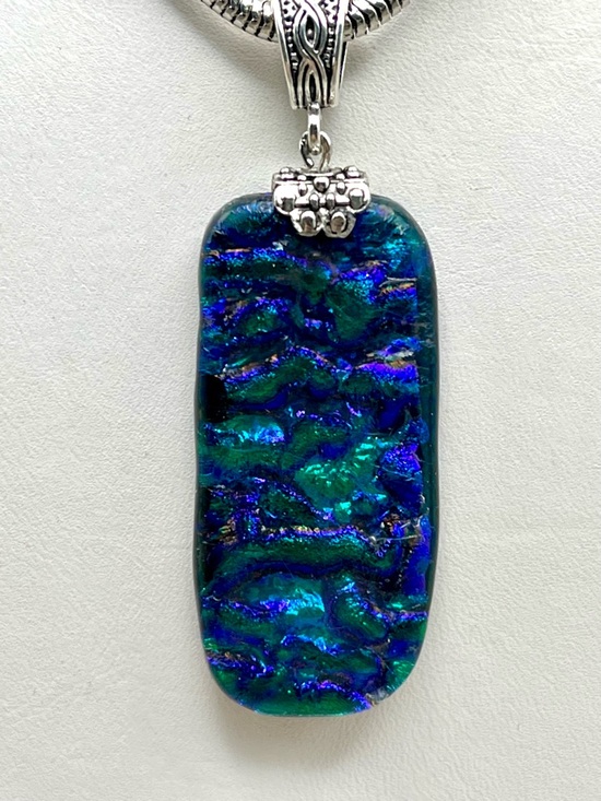 Artisan Jewelry - Sterling Silver Blue-Green Artisan Dichroic Glass Pendant Necklace